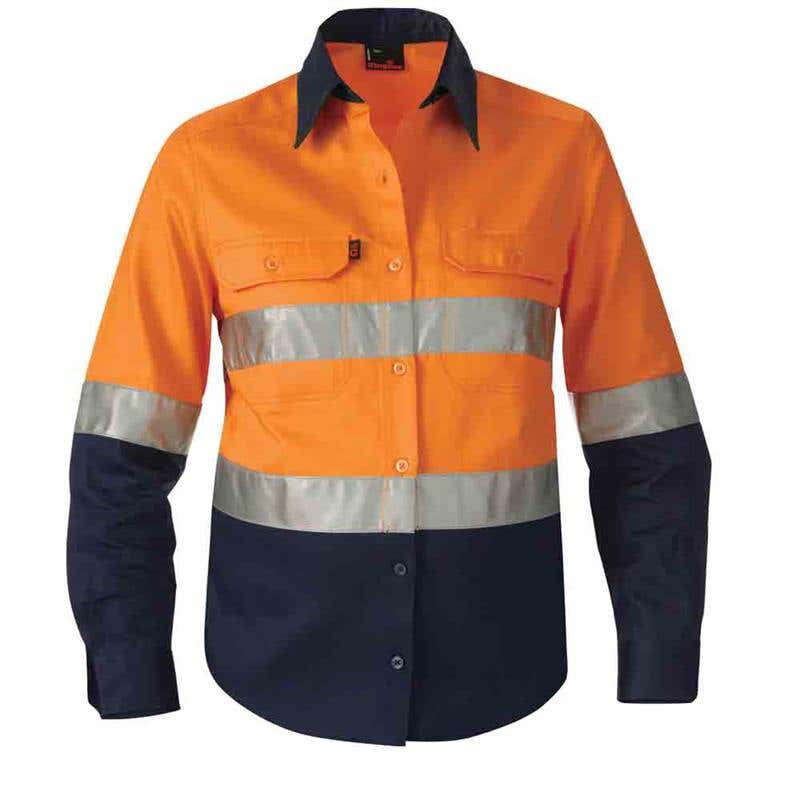 Shirt Womens L/S Cotton Drill 190gsm 3M Tape Orange/Navy 10 King Gee 60012877 K44532-O/N-10