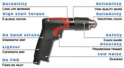 Drill Air 10mm DR Series Pistol Grip 350W 1000rpm Desoutter_60019691_DR350-P1000-C10