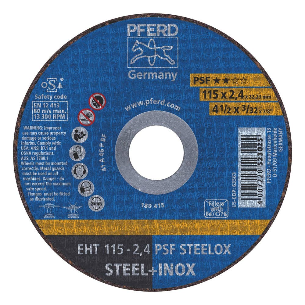 Wheel Cut Off 115 x 2.4mm 13300rpm Flat EHT115 2.4 A46 PPSF Inox Pferd 60019763 61730122