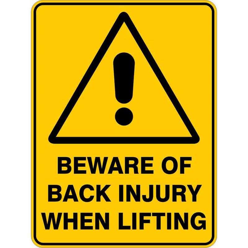 Sign WARNING BEWARE OF BACK INJURY WHEN LIFTING 300 x 225mm Flute 60035599 WBBIN3022F