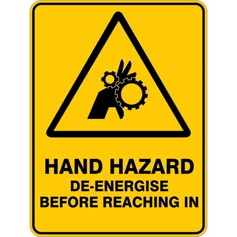 Sign WARNING HAND HAZARD DE-ENERGISE BEFORE REACHING IN 300 x 225mm Flute 60035856 WHHAZ3022F