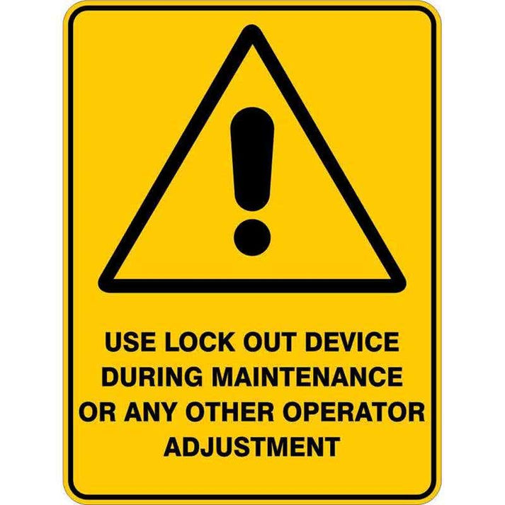 Sign WARNING USE LOCKOUT DEVICE DURING MAINTENANCE 300 x 225mm Poly – ATOM
