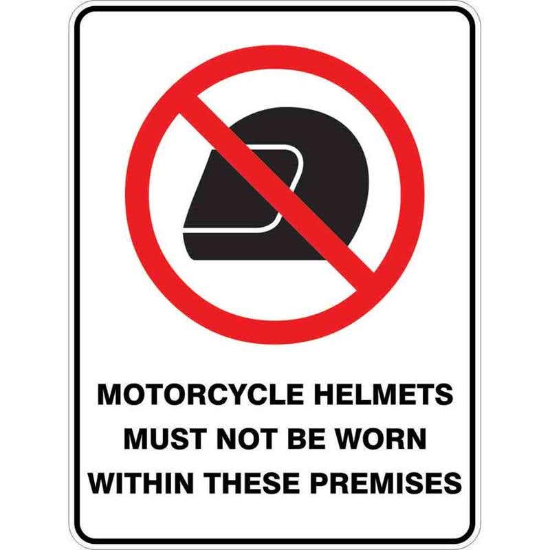 Sign MOTORCYCLE HELMET MUST NOT BE WORN IN PREMISES 300 X 225mm Fluted 60036862 PMHMN3022F