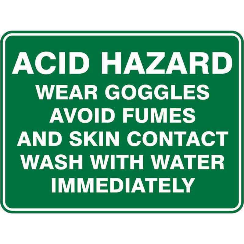Sign ACID HAZARD WEAR GOGGLES AVOID FUMES 300 x 225mm Fluted 60037079 EAHWG3022F