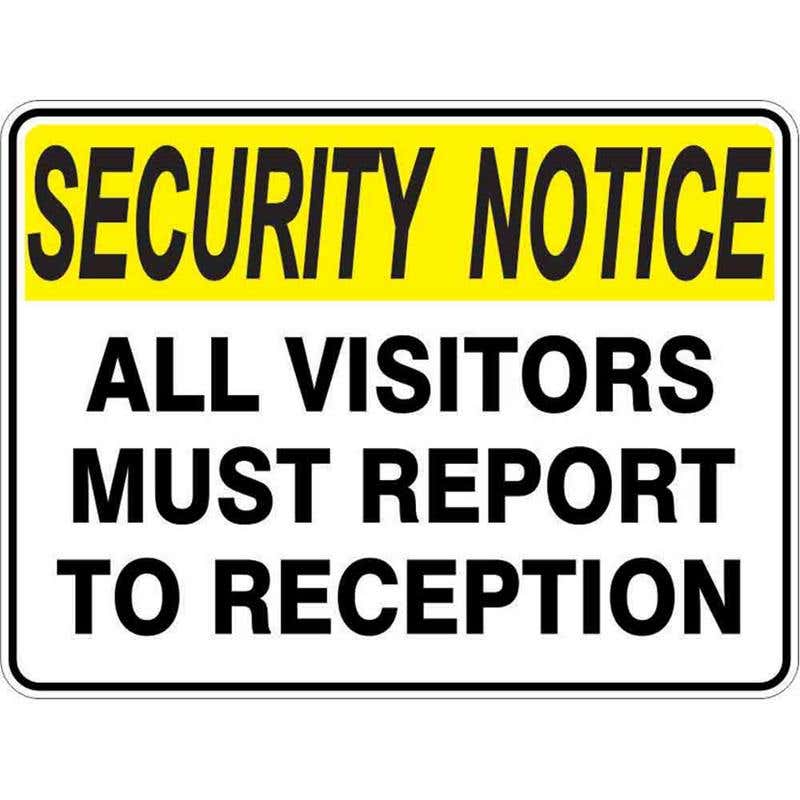 Sign SECURITY NOTICE ALL VISITORS MUST REPORT TO RECEPT.. 300 x 225mm Metal 60037363 SAVMR3022M