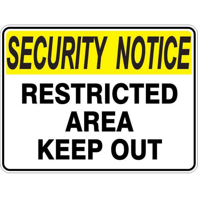Sign SECURITY NOTICE RESTRICTED AREA KEEP OUT 300 x 225mm Fluted 60037410 SRAKO3022F