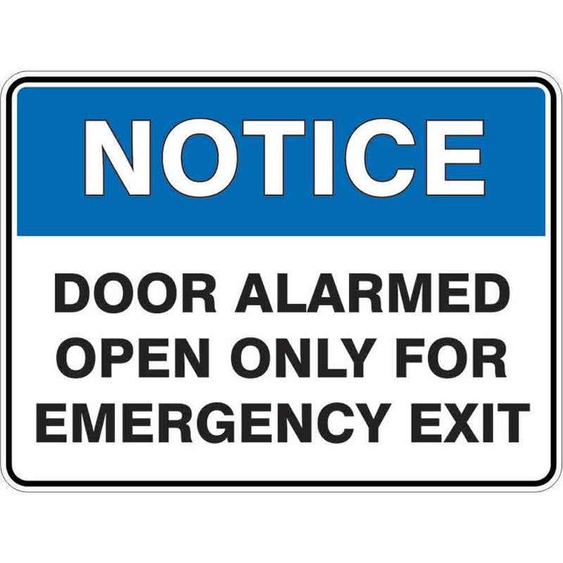 Sign NOTICE DOOR ALARMED OPEN ONLY FOR EMERGENCY EXIT 300 x 225mm Fluted 60037607 NDAOO3022F