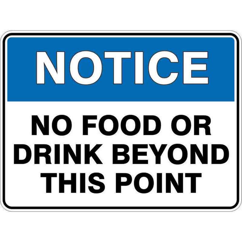 Sign NOTICE NO FOOD OR DRINK BEYOND THIS POINT 300 x 225mm Fluted 60037663 NNFOD3022F