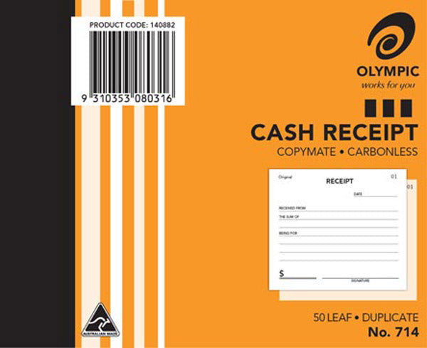 Olympic 714 Duplicate Cash Receipt Carbonless 5X4 125x100mm 50 Leaf_34181400_83818