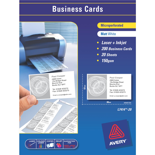 Avery Business Cards L7414 10up Laser Inkjet Single Sided 90x52mm Pack 20_39436700_23340