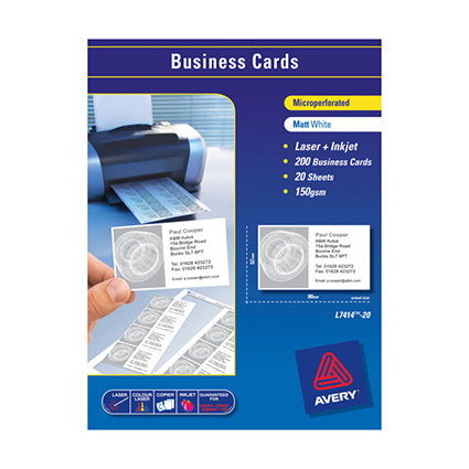 Avery Business Cards L7415 10up Laser Inkjet Single Sided 90x52mm Pack 100_39437700_AV959026