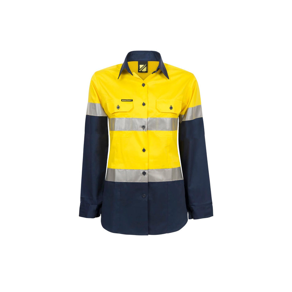 Shirt Womens L/S Cotton 155gsm Tape Yellow/Navy 12 + Techforce Logo_40117644_TF_WSL501-Y/N-12