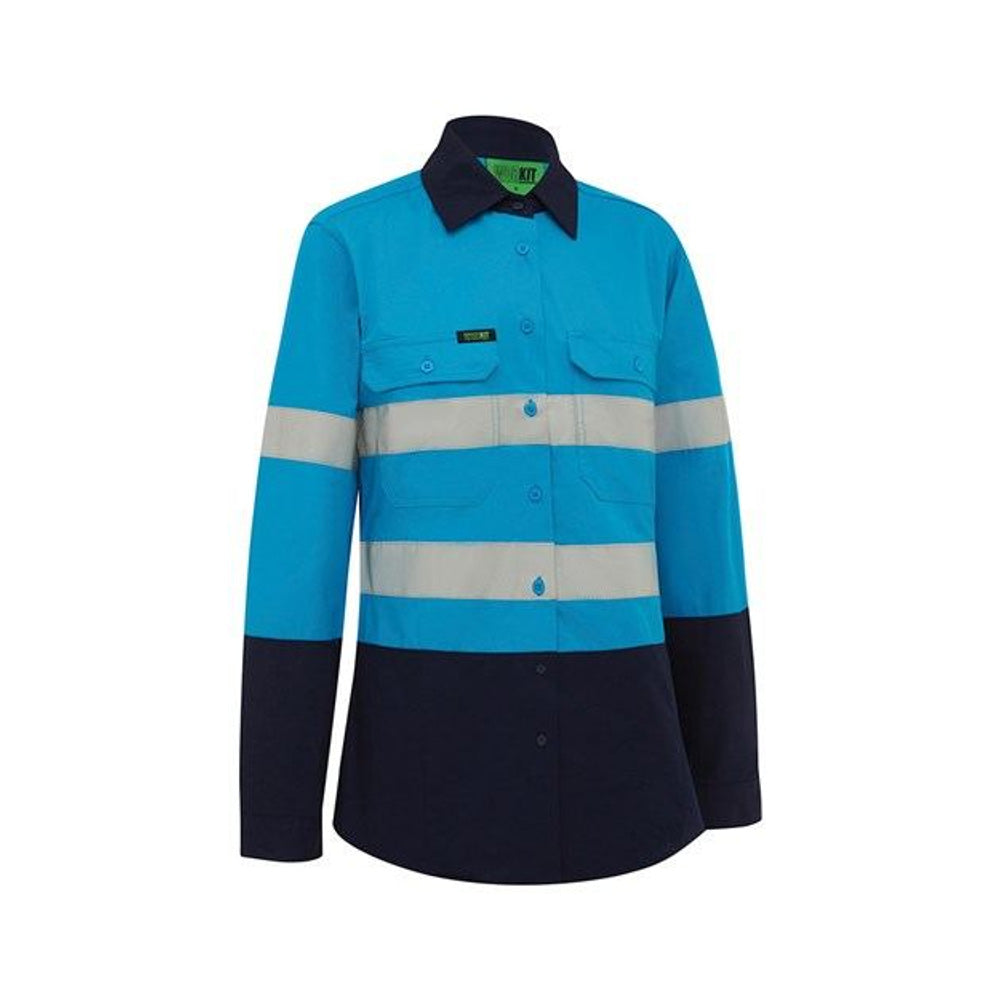 Shirt Womens L/S Cotton 155gsm 3M Tape Hi Vis Sky/Navy 10 2012 Workit_579418_2012SN10