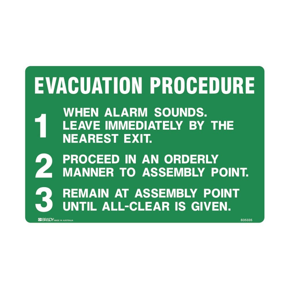 Sign EVACUATION PROCEDURE WHEN ALARM SOUNDS LEAVE 450 x 300mm Poly 88895305 835335