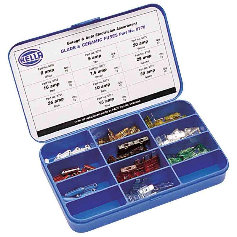 Fuse Blade/Ceramic Assortment Kit Garage + Auto Electrical Hella Pk 100 88896794 8778