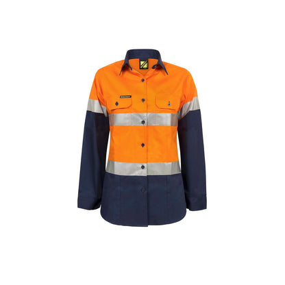 Shirt Womens L/S Cotton 155gsm Tape Orange/Navy 14 + Techforce Logo_40117655_TF_WSL501-O/N-14