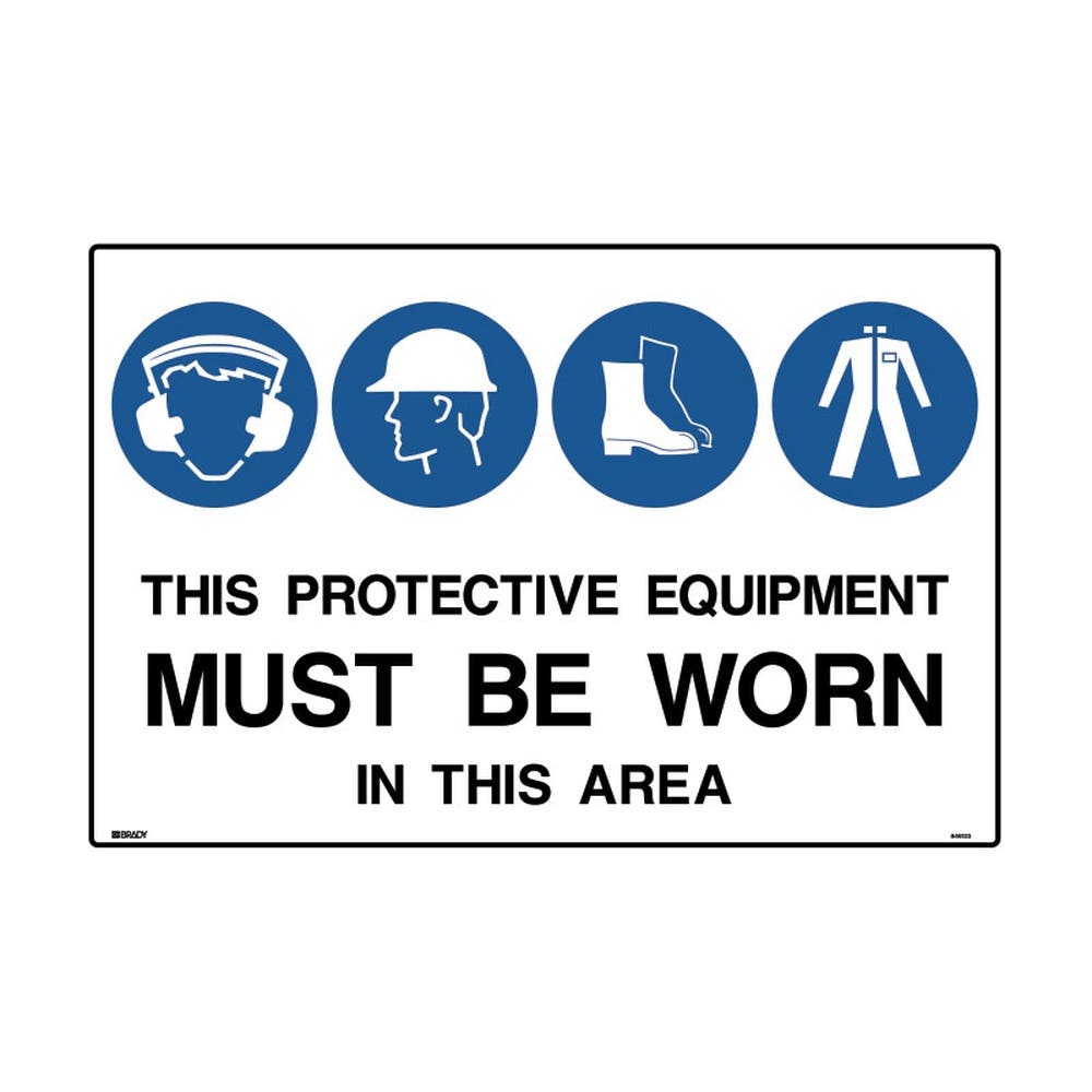 Sign EAR HEAD FOOT + CLOTHING MUST BE WORN IN THIS AREA 900 x 600mm Metal 90031029 846123