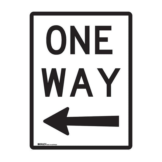 Sign ONE WAY + Arrow Left 450 x 600mm Metal Black on White 90031061 841876
