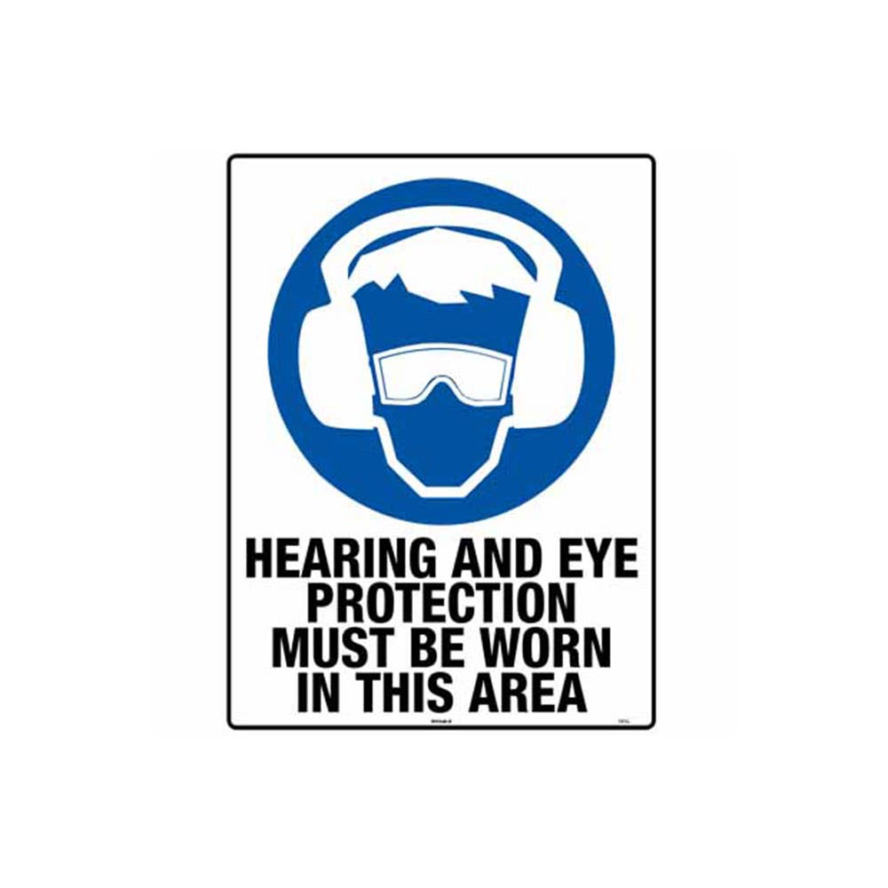 Sign HEARING AND EYE PROTECTION MUST BE WORN IN THIS AREA 300 x 225mm Poly 79918264 841243