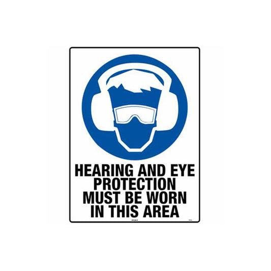 Sign HEARING AND EYE PROTECTION MUST BE WORN IN THIS AREA 300 x 225mm Poly 79918264 841243