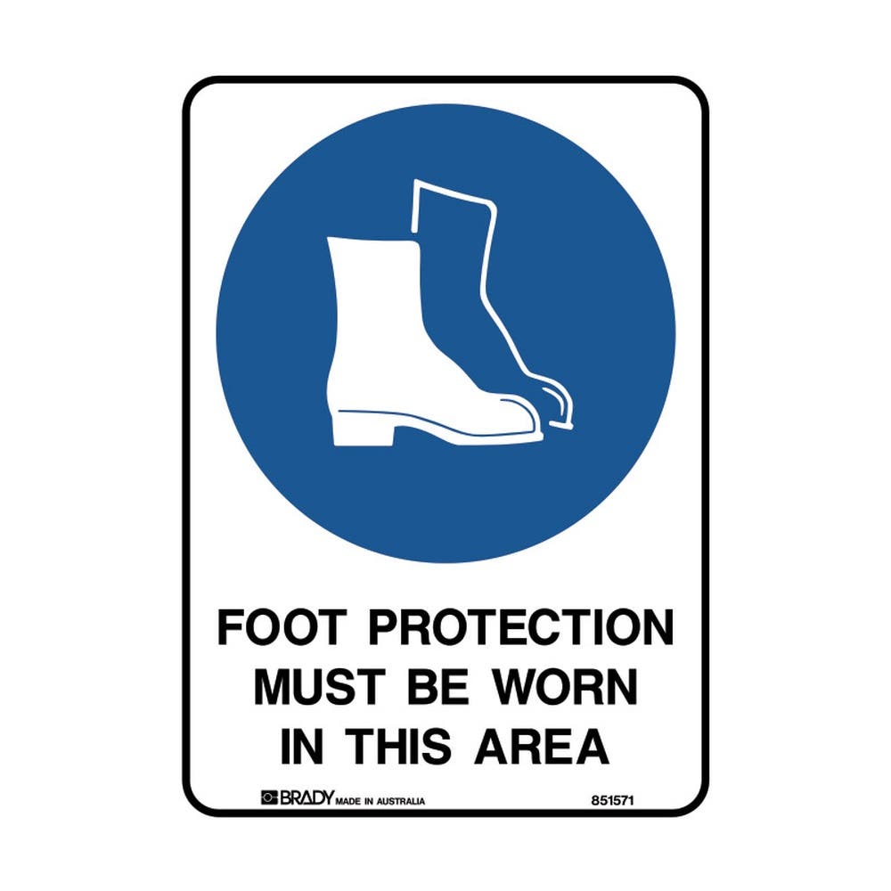 Sign FOOT PROTECTION MUST BE WORN IN THIS AREA 250 x 180mm Metal Glow 90031294 851571