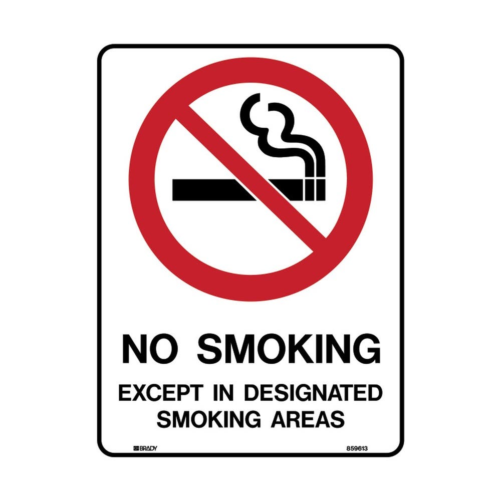 Sign NO SMOKING EXCEPT IN DESIGNATED SMOKING AREAS 300 x 400mm Poly 90031316 859614