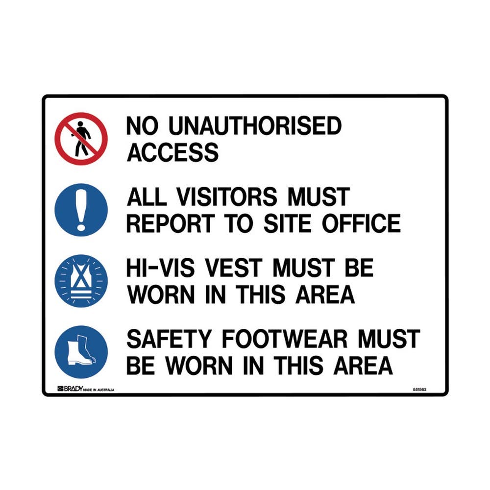 Sign NO UNAUTHORISED ACCESS ALL VISITORS MUST REPORT TO.. 900 x 600mm Metal 90031323 853135
