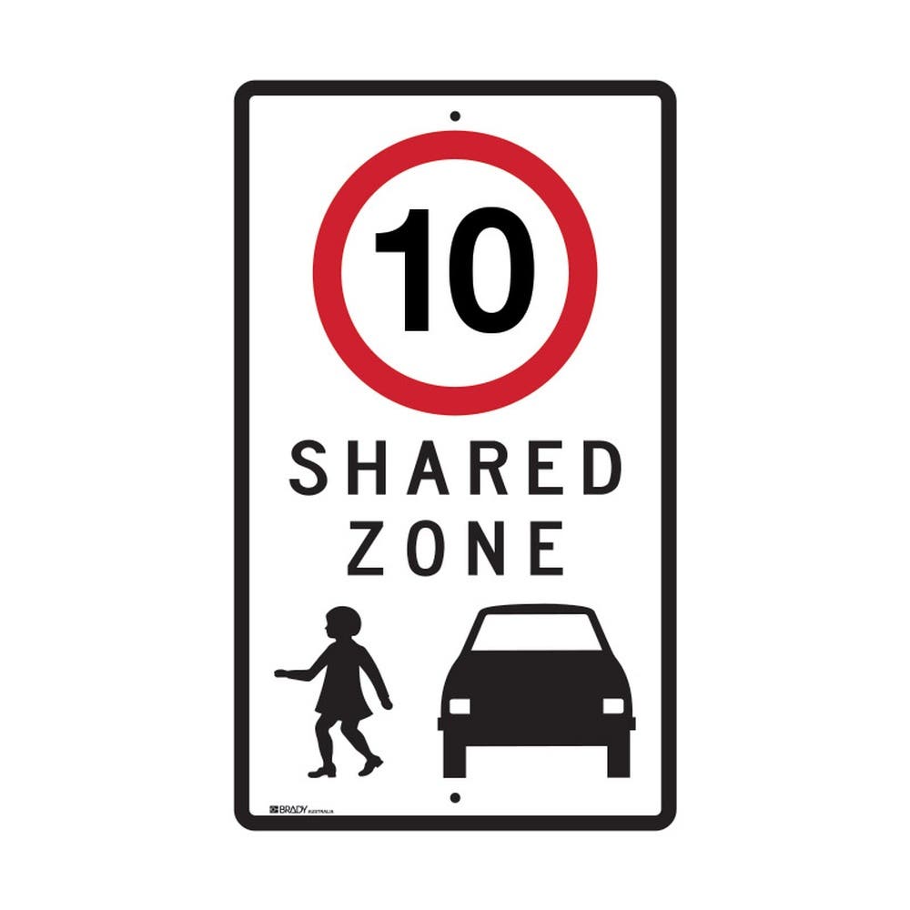 Sign SHARED ZONE 10KM/H 450 x 750mm Reflective Metal 90031354 843360