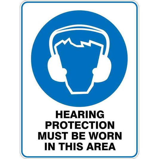Sign HEARING PROTECTION MUST BE WORN IN THIS AREA 300 x 225mm Fluted 60036573 MHEAR3022F