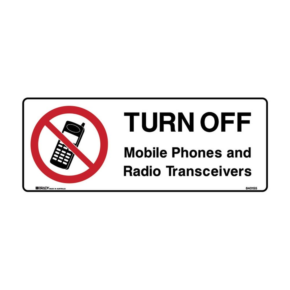 Sign TURN OFF ALL MOBILE PHONES ARE RADIOS Self Adhes 300 x 125mm 90038838 830416