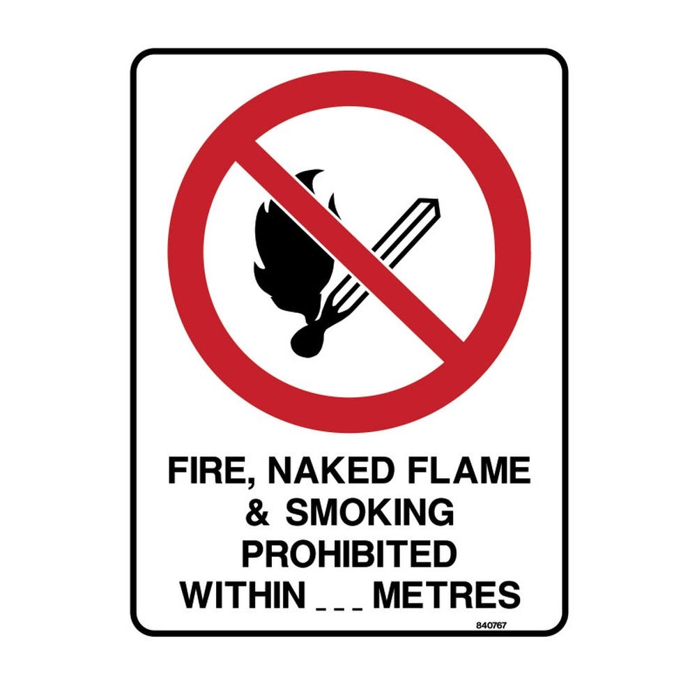 Sign FIRE NAKED FLAME + SMOKING PROHIBITED WITHIN METRES 180 x 250mm Vinyl 90038855 840769