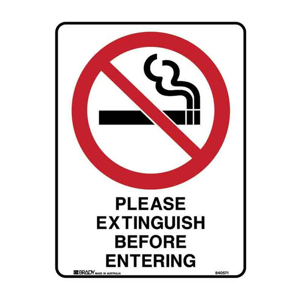 Sign PLEASE EXTINGUISH BEFORE ENTERING 225 x 300mm Metal – ATOM