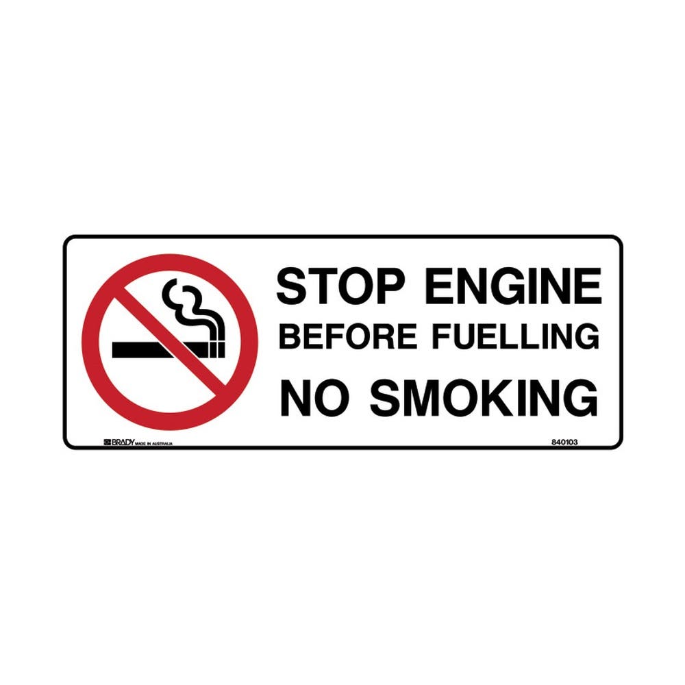 Sign STOP ENGINE BEFORE FUELLING NO SMOKING 300 x 125mm Self Adhesive 90039010 842608