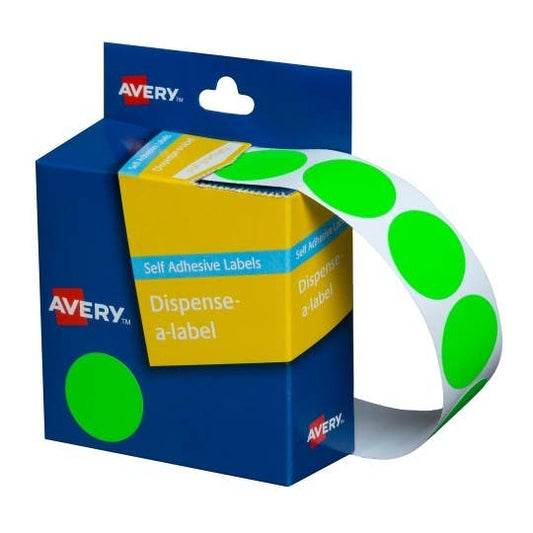 Avery Circle Dispenser Labels Removable 24mm Diameter Pk 350 Fluoro Green 9006595 33827