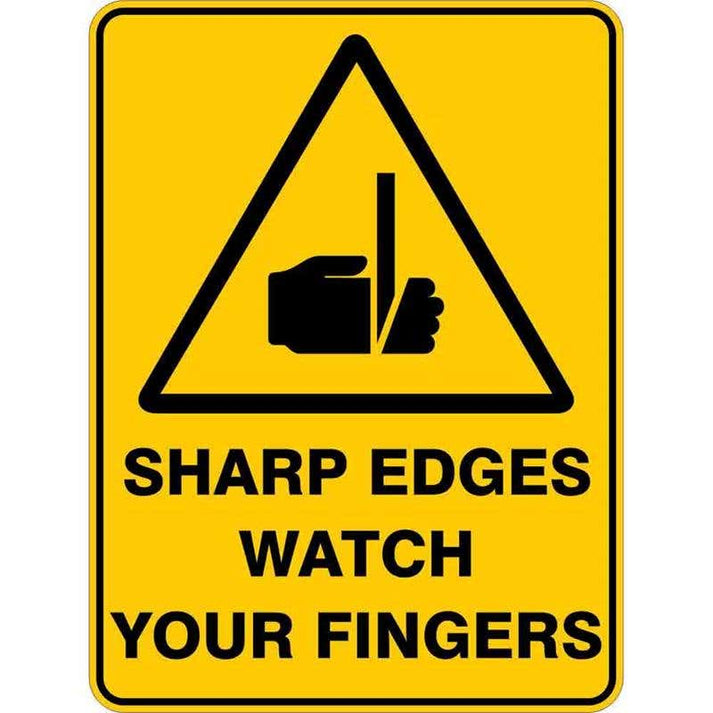 Sign WARNING SHARP EDGES WATCH YOUR FINGERS 300 x 225mm Poly – ATOM