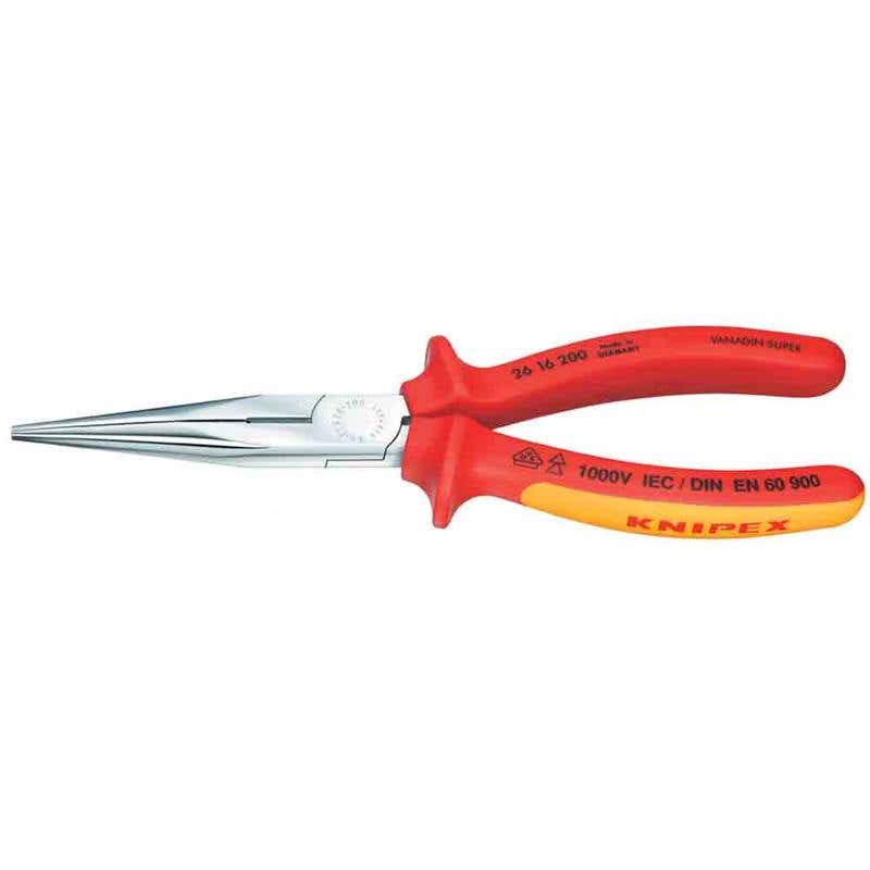 Pliers 1000V Snipe Nose 200mm Side Cutting Straight Tip Chrome Knipex 91798074 2616200SB