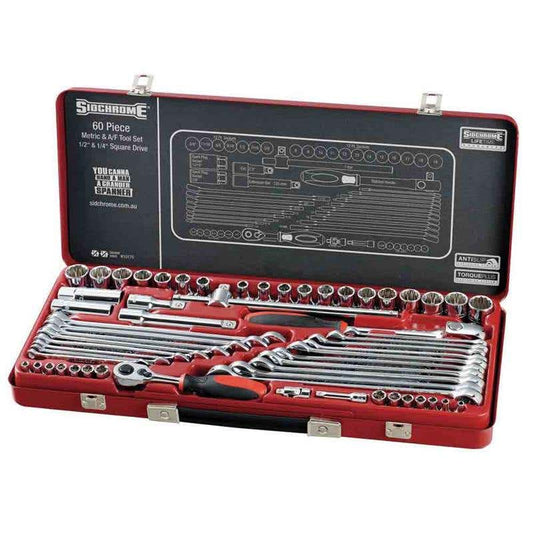 Socket, Ratchet & Spanner Set 1/4 & 1/2 Dr 60 Piece AF/Metric Sidchrome 91990004 SCMT10175