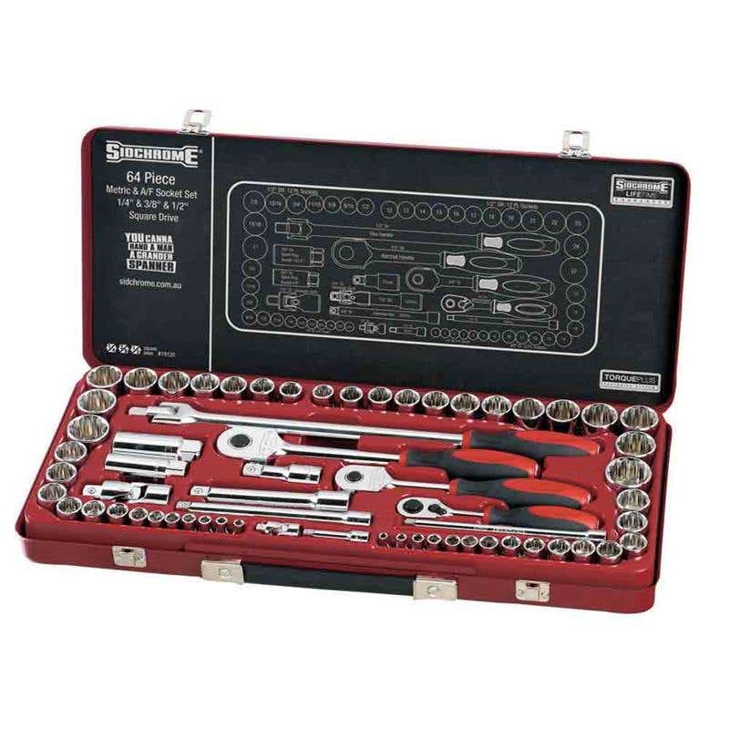 Socket & Ratchet Set 1/4'', 3/8'' & 1/2'' Dr AF/Metric 64 Piece Sidchrome 91990073 SCMT19120
