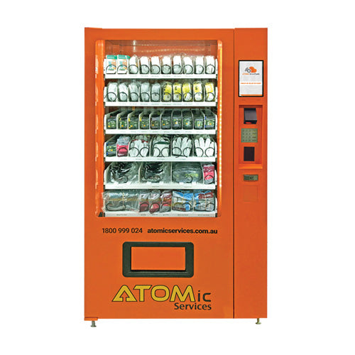 Orange coil vending machine with various industrial and PPE items on a white background