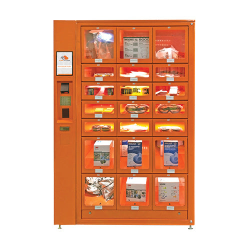 Orange vending machine with various industrial items on a white background