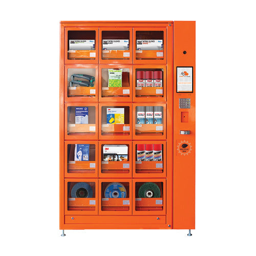 Orange smart vending machine with various items on a white background