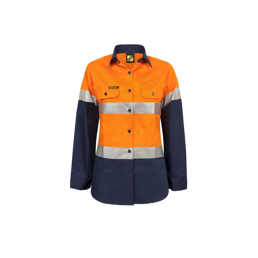 Shirt Womens L/S Cotton 155gsm Tape Orange/Navy 18 + Techforce Logo_40117657_TF_WSL501-O/N-18