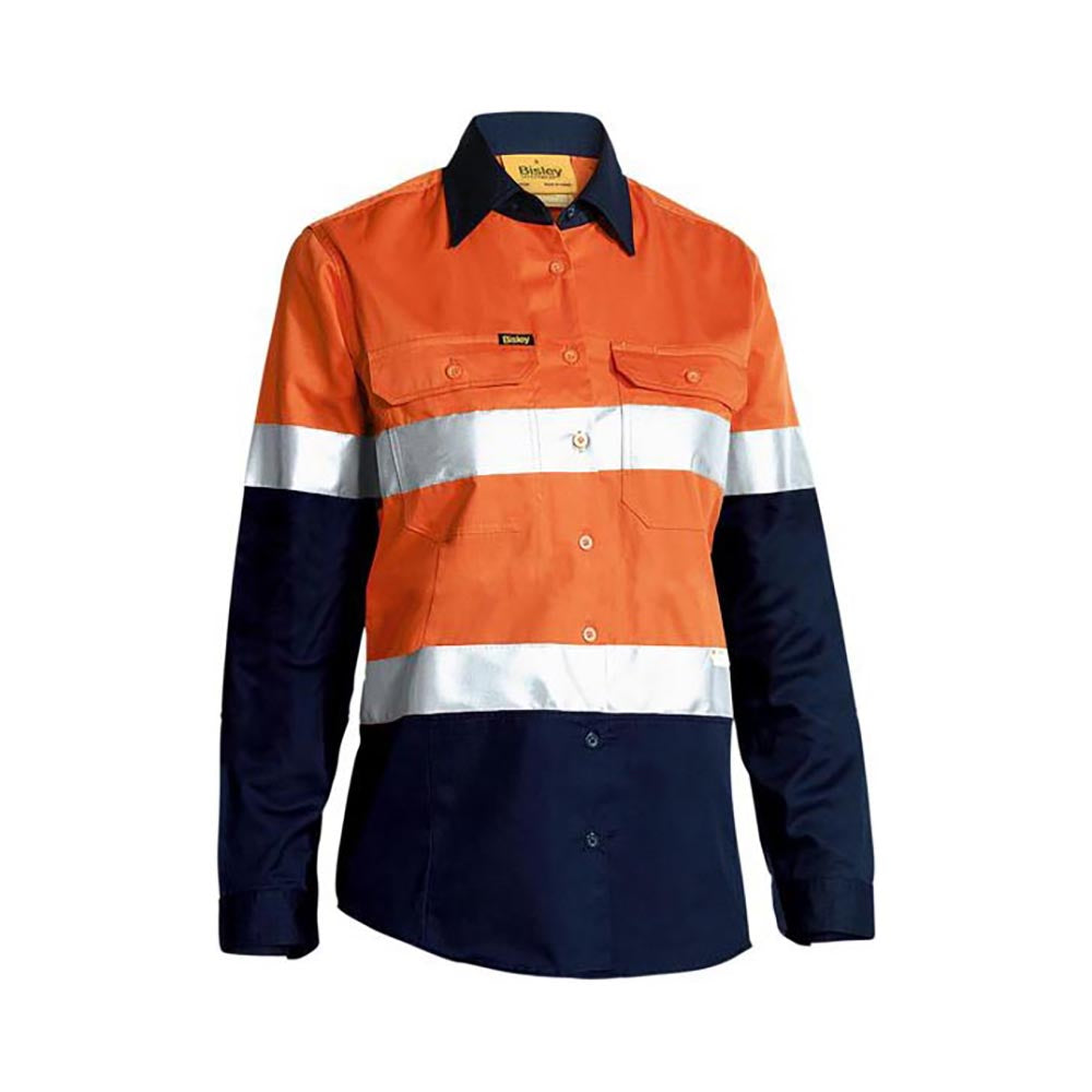 Shirt Womens L/S Cotton Drill 155gsm 3M Tape Hi Vis Orange/Navy 8 Bisley_40009637_BL6696T_TT028