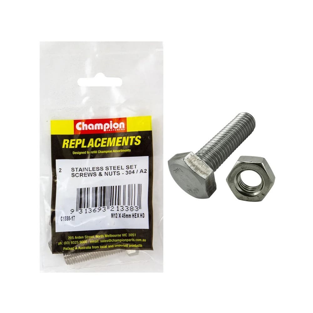 Grab Kit Refill - Screw Set + Nut Hex Head 304 S/Steel 12 X 45mm Pk 2_253303_C1880-17