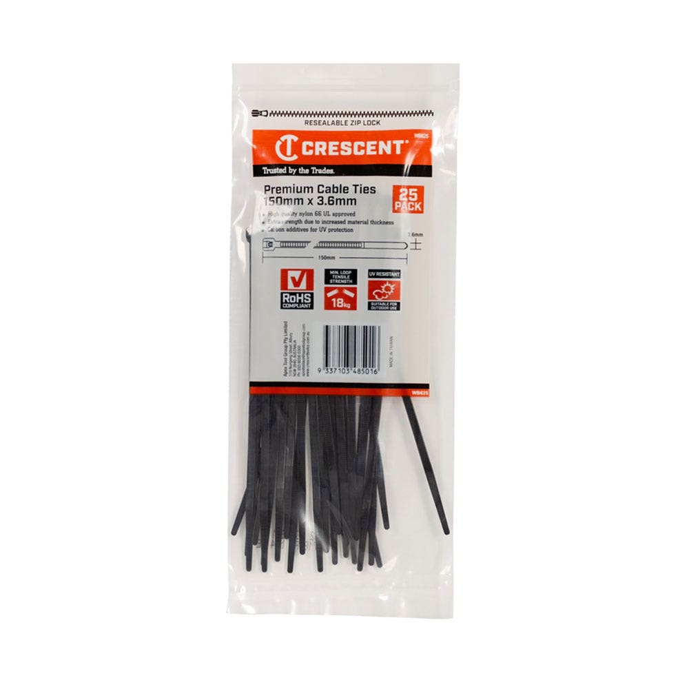 Cable Tie Nylon Black 150 x 3.6mm Crescent Pk 25 95368061 WB625