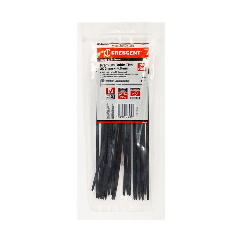 Cable Tie Nylon Black 200 x 4.8mm Crescent Pk 25 95368063 WB825