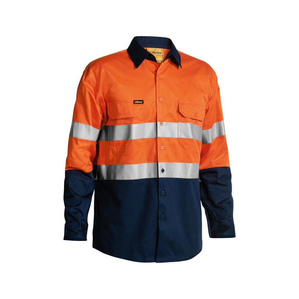 Shirt L/S Large Hi Vis Orange/Navy Cotton Drill 155gsm Vent Tape Bisley_90011436_BS6896_TT02L