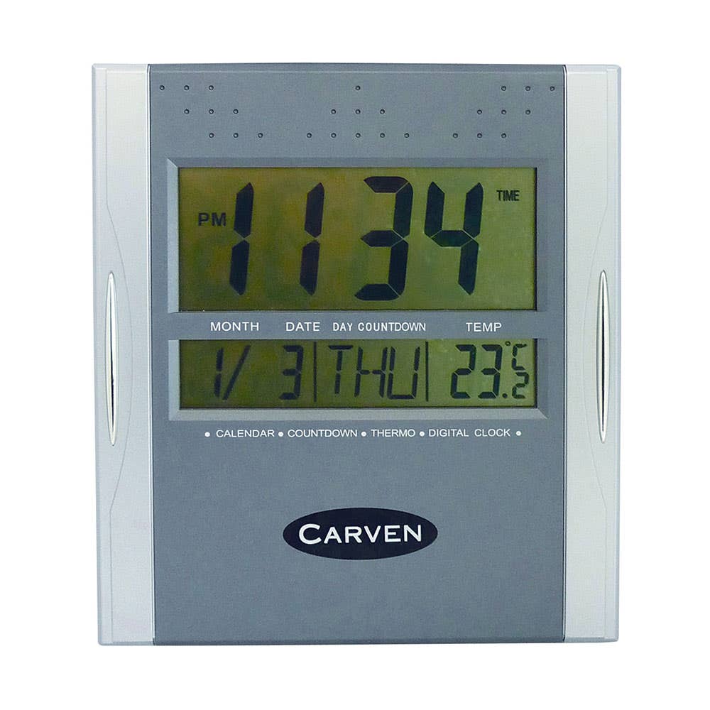 Carven Digital Clock Day/Month 210mm Silver 415015000 CLDIGITAL