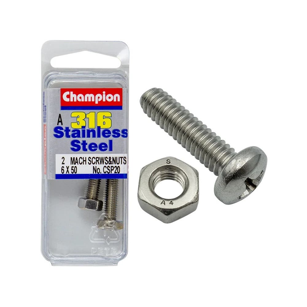 Screw Machine + Nut Pan 316 Head Stainless Steel 6 x 50mm Blister Pack_60039775_CSP20