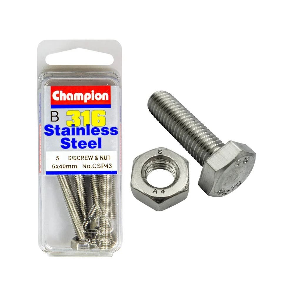 Screw Set + Nut 316 Stainless Steel 6 x 40mm Blister Pack_60039798_CSP43